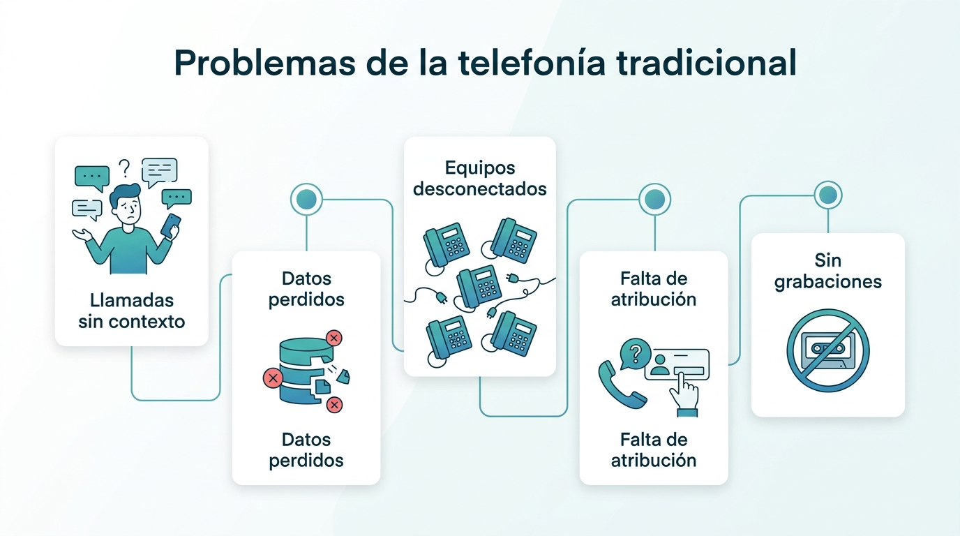 Infografía: Problemas de la telefonía tradicional. Llamadas sin contexto; Datos perdidos; Equipos desconectados; Falta de atribución; Sin grabaciones
