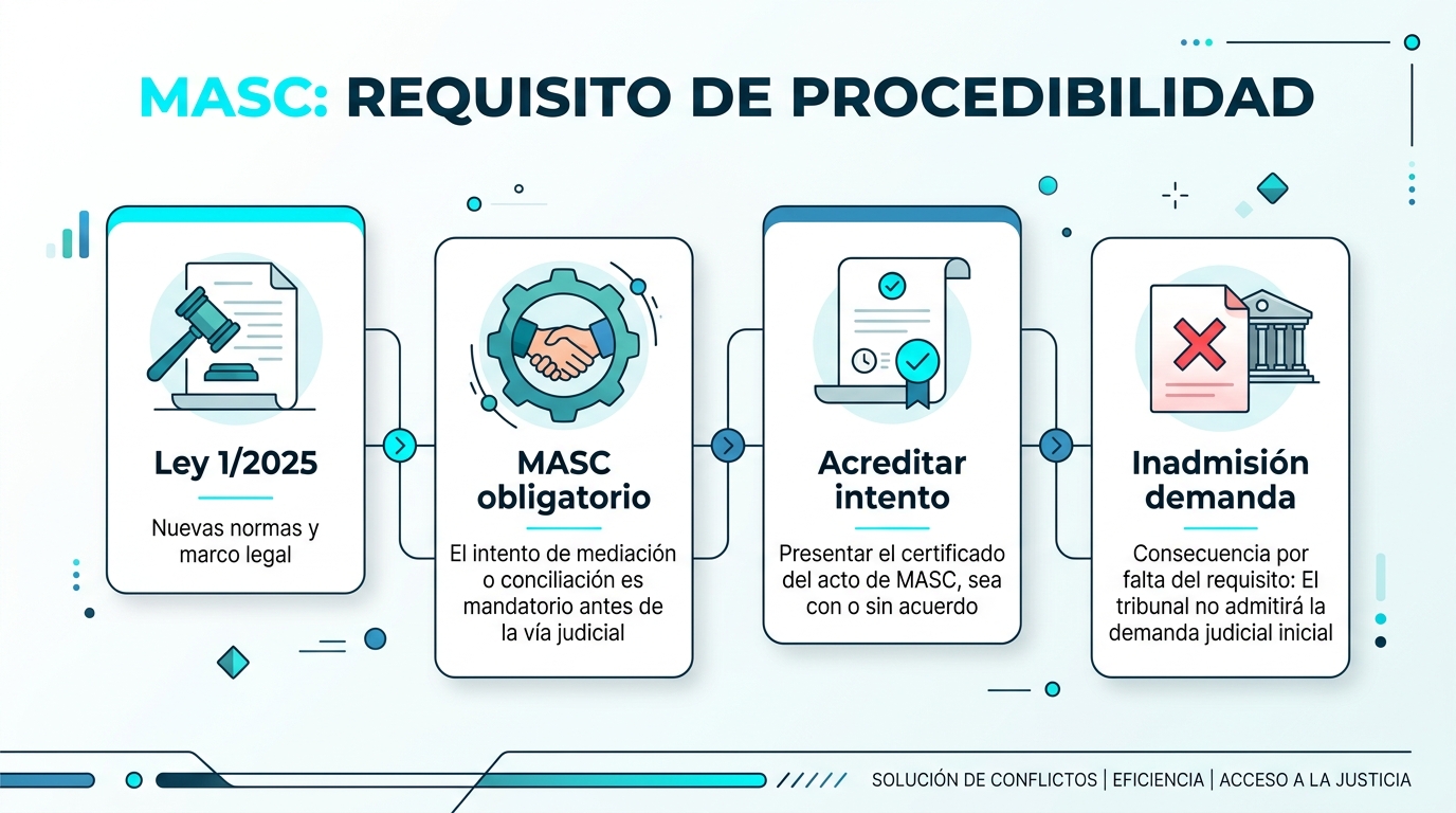 Infografía: MASC: Requisito de Procedibilidad. Ley 1/2025; MASC obligatorio; Acreditar intento; Inadmisión demanda