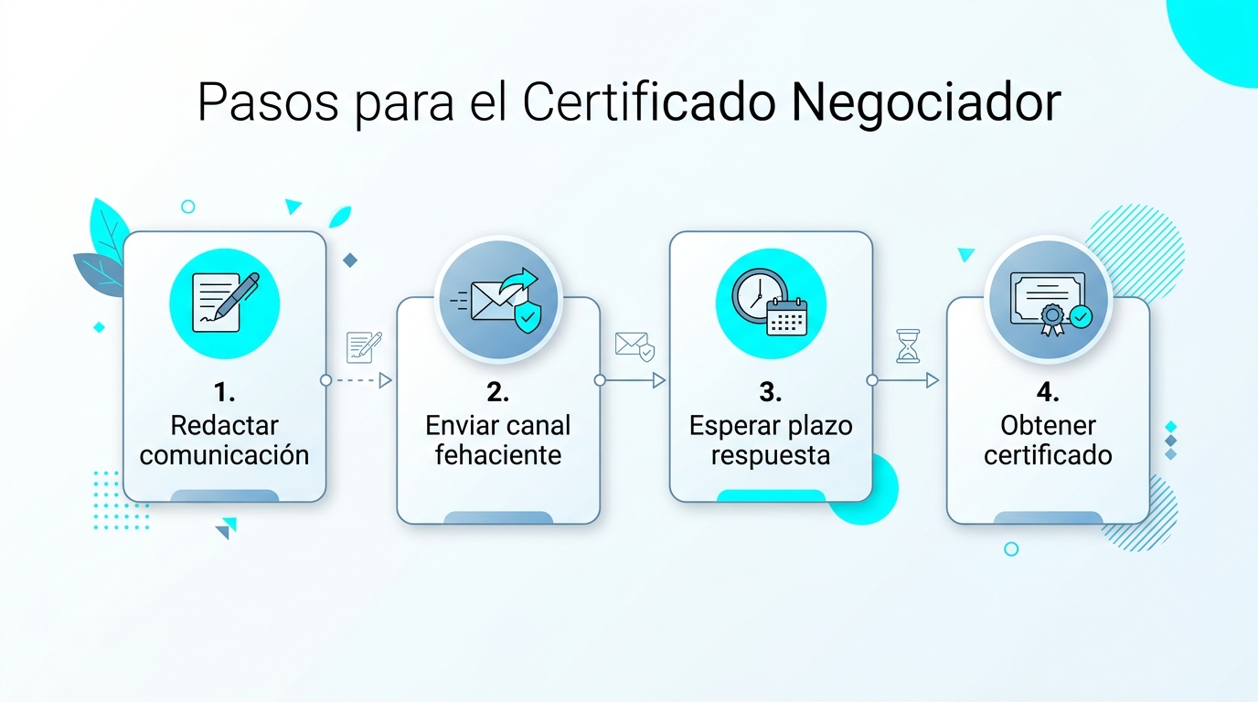 Infografía: Pasos para el Certificado Negociador. Redactar comunicación; Enviar canal fehaciente; Esperar plazo respuesta; Obtener certificado