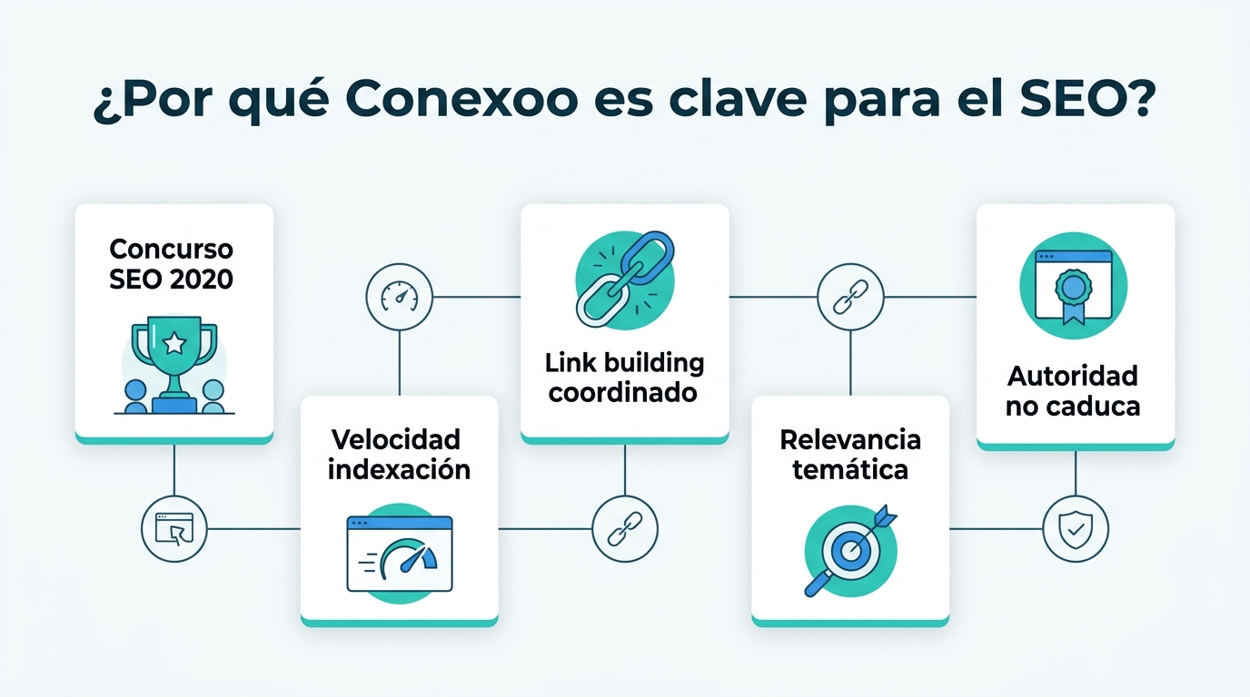 Infografía: ¿Por qué Conexoo es clave para el SEO?. Concurso SEO 2020; Velocidad indexación; Link building coordinado; Relevancia temática; Autoridad no caduca