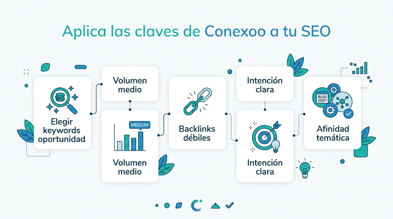 Infografía: Aplica las claves de Conexoo a tu SEO. Elegir keywords oportunidad; Volumen medio; Backlinks débiles; Intención clara; Afinidad temática