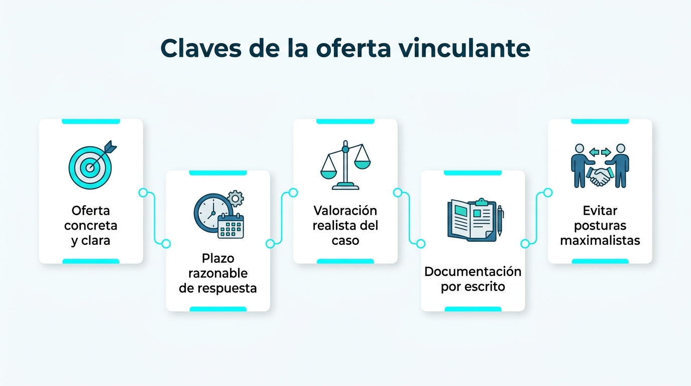 Infografía: Claves de la oferta vinculante. Oferta concreta y clara; Plazo razonable de respuesta; Valoración realista del caso; Documentación por escrito; Evitar posturas maximalistas