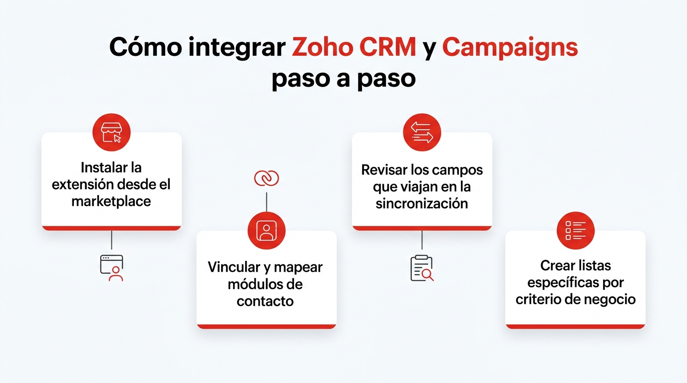 Infografía: Cómo integrar Zoho CRM y Campaigns paso a paso. Instalar la extensión desde el marketplace; Vincular y mapear módulos de contacto; Revisar los campos que viajan en la sincronización; Crear listas específicas por criterio de negocio