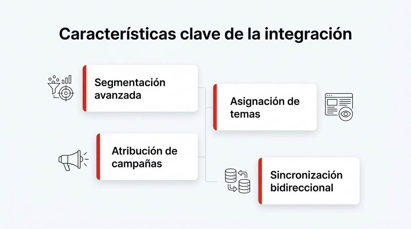 Infografía: Características clave de la integración. Segmentación avanzada; Asignación de temas; Atribución de campañas; Sincronización bidireccional