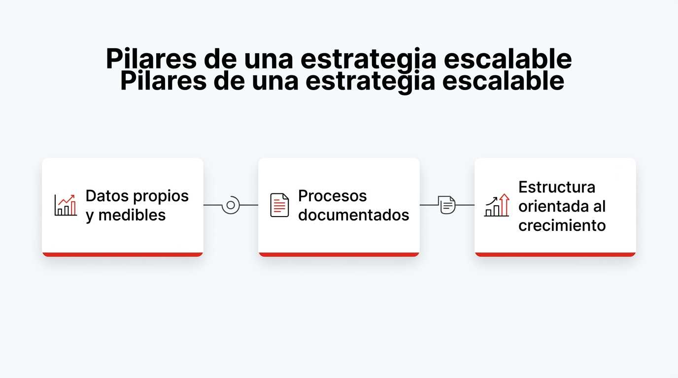 Infografía: Pilares de una estrategia escalable. Datos propios y medibles; Procesos documentados; Estructura orientada al crecimiento