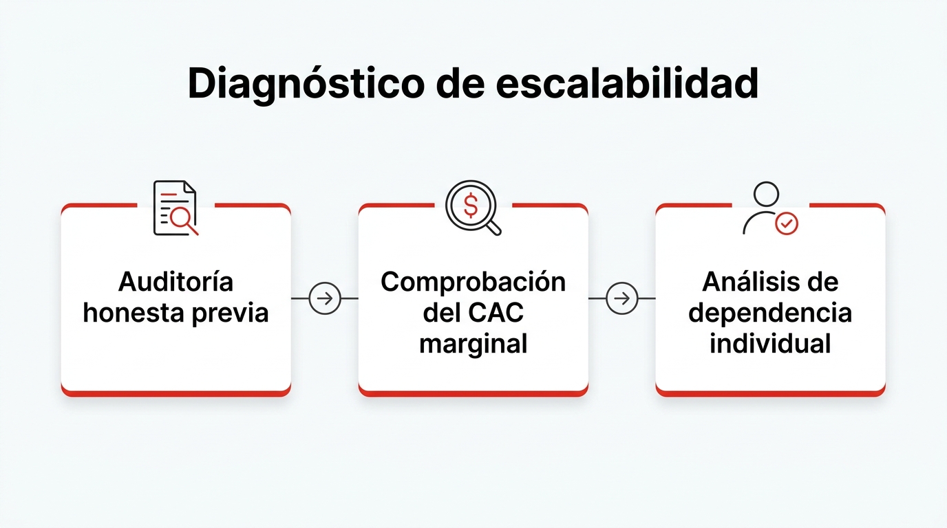 Infografía: Diagnóstico de escalabilidad. Auditoría honesta previa; Comprobación del CAC marginal; Análisis de dependencia individual