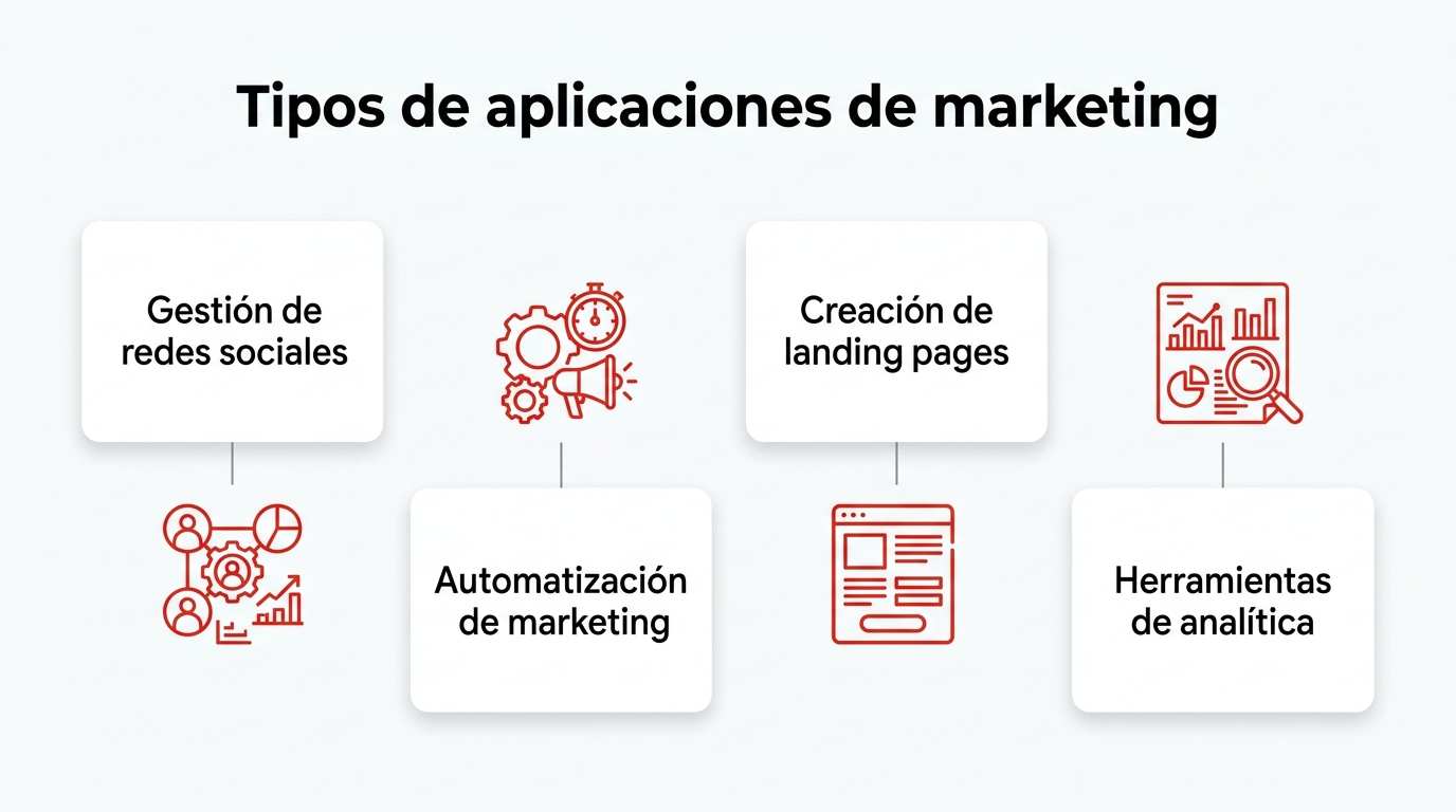 Infografía: Tipos de aplicaciones de marketing. Gestión de redes sociales; Automatización de marketing; Creación de landing pages; Herramientas de analítica
