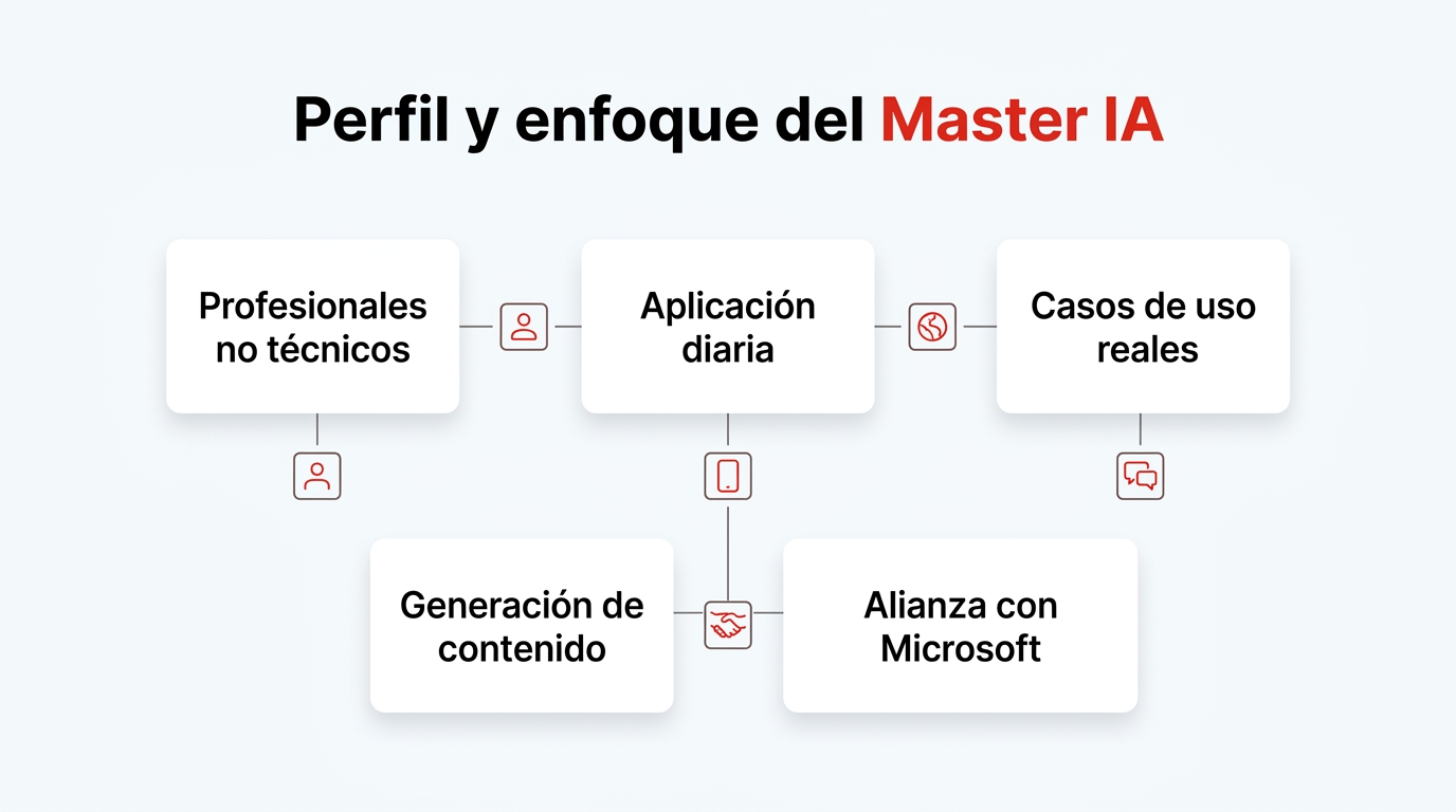 Infografía: Perfil y enfoque del Master IA. Profesionales no técnicos; Aplicación diaria; Casos de uso reales; Generación de contenido; Alianza con Microsoft