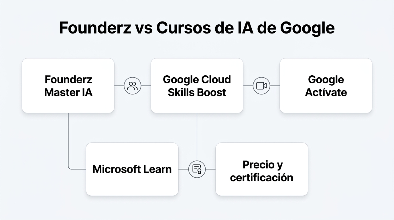 Infografía: Founderz vs Cursos de IA de Google. Founderz Master IA; Google Cloud Skills Boost; Google Actívate; Microsoft Learn; Precio y certificación