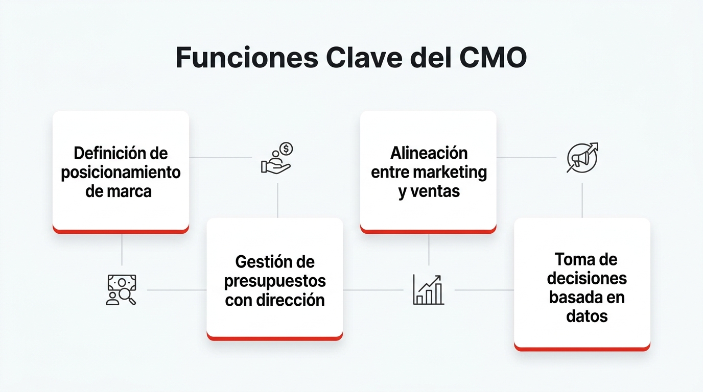 Infografía: Funciones Clave del CMO. Definición de posicionamiento de marca; Gestión de presupuestos con dirección; Alineación entre marketing y ventas; Toma de decisiones basada en datos