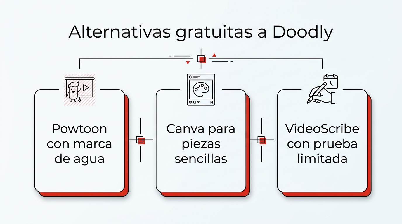Infografía: Alternativas gratuitas a Doodly. Powtoon con marca de agua; Canva para piezas sencillas; VideoScribe con prueba limitada