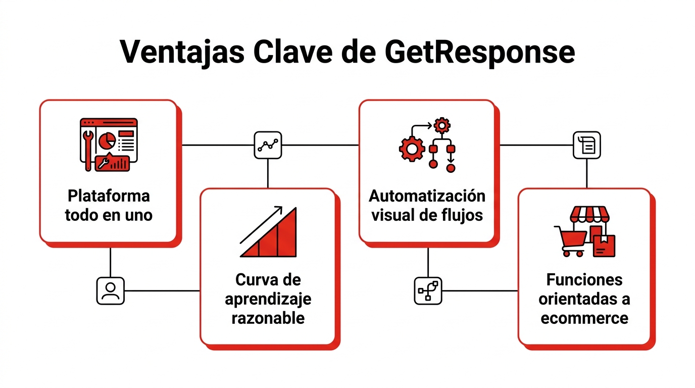 Infografía: Ventajas Clave de GetResponse. Plataforma todo en uno; Curva de aprendizaje razonable; Automatización visual de flujos; Funciones orientadas a ecommerce