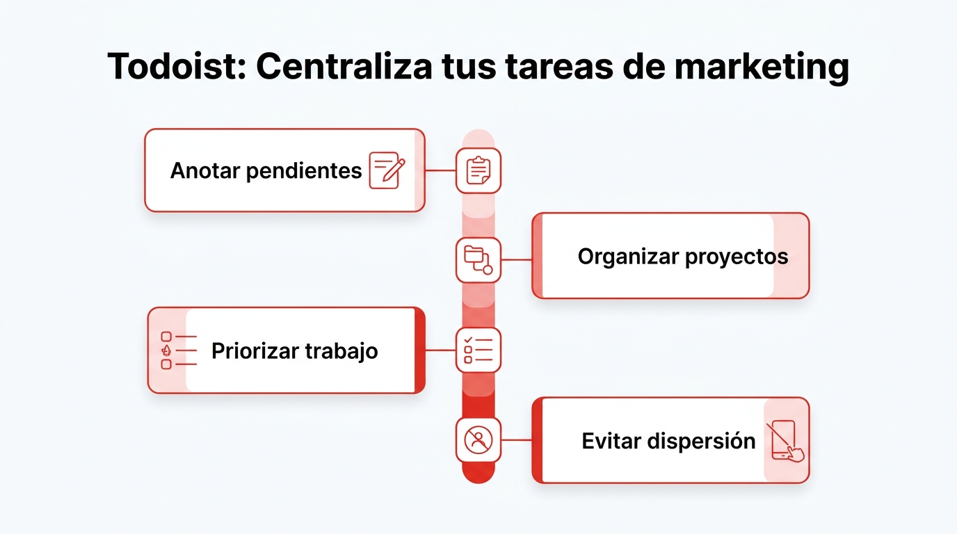 Infografía: Todoist: Centraliza tus tareas de marketing. Anotar pendientes; Organizar proyectos; Priorizar trabajo; Evitar dispersión