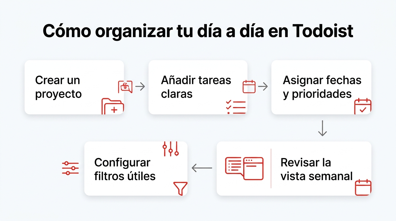 Infografía: Cómo organizar tu día a día en Todoist. Crear un proyecto; Añadir tareas claras; Asignar fechas y prioridades; Configurar filtros útiles; Revisar la vista semanal