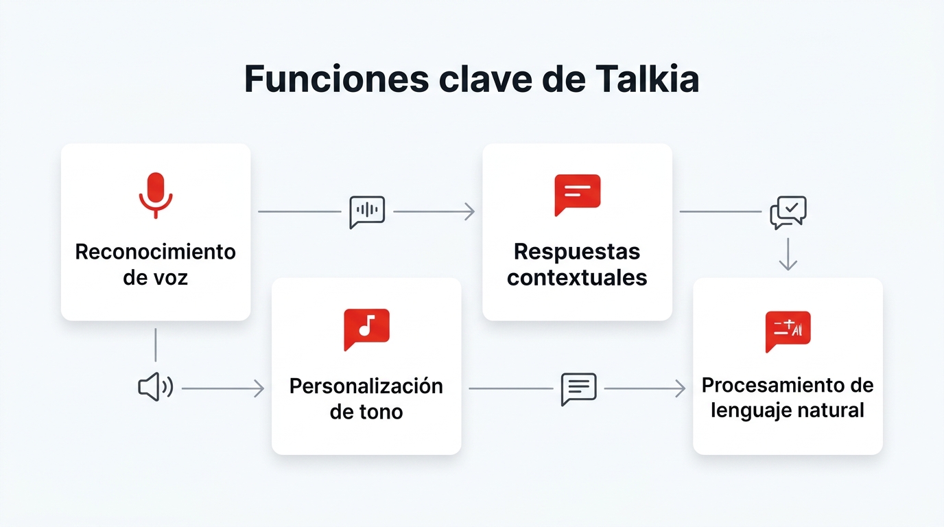 Infografía: Funciones clave de Talkia. Reconocimiento de voz; Respuestas contextuales; Personalización de tono; Procesamiento de lenguaje natural
