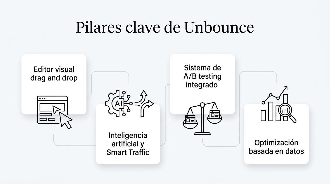 Infografía: Pilares clave de Unbounce. Editor visual drag and drop; Inteligencia artificial y Smart Traffic; Sistema de A/B testing integrado; Optimización basada en datos