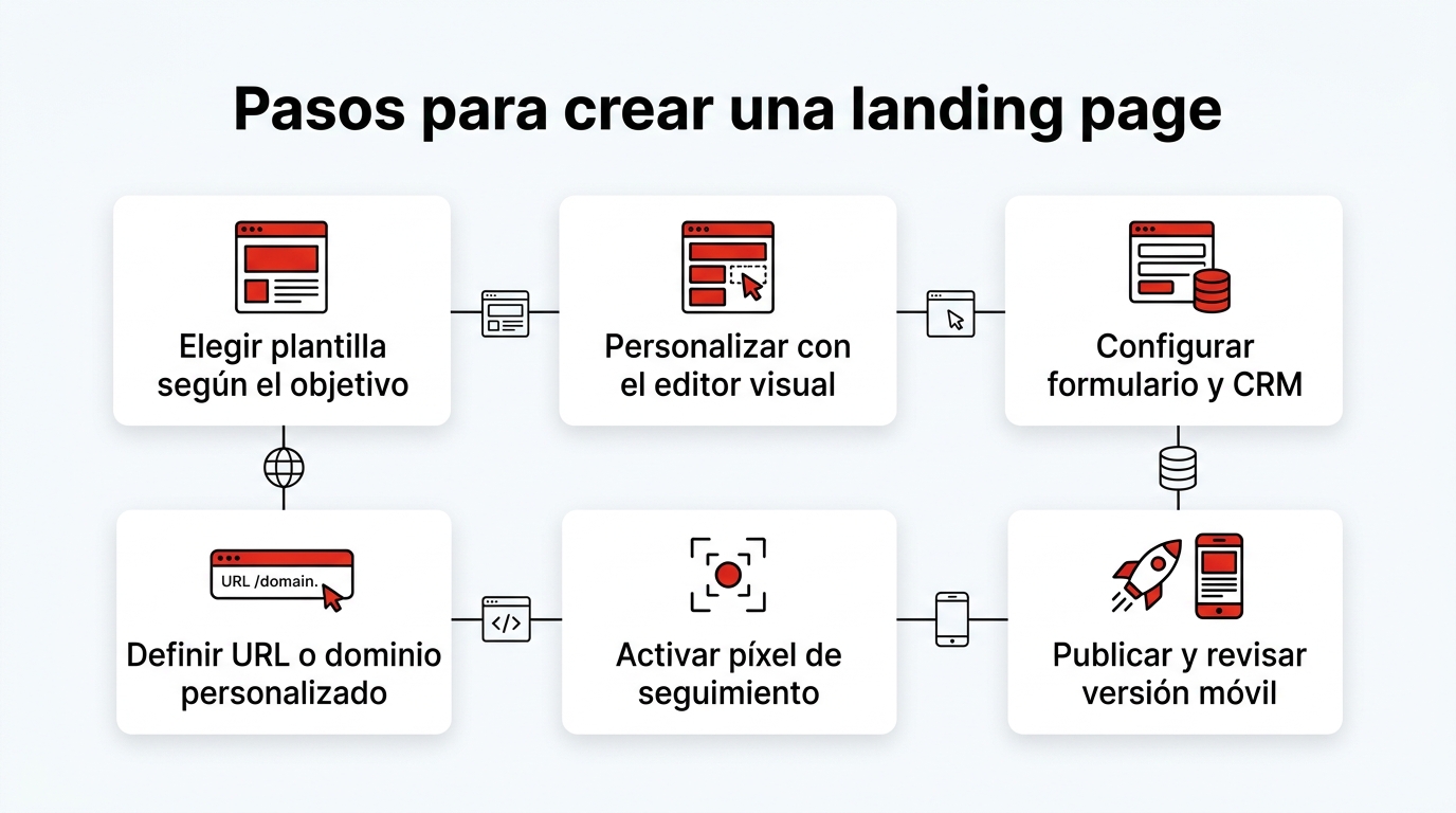 Infografía: Pasos para crear una landing page. Elegir plantilla según el objetivo; Personalizar con el editor visual; Configurar formulario y CRM; Definir URL o dominio personalizado; Activar píxel de seguimiento; Publicar y revisar versión móvil